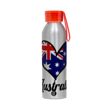 Australia flag, Aluminum Sports Bottle 650ml – Silver with Red Cap and Silicone Strap