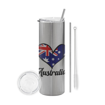 Australia flag, Tumbler ποτήρι θερμό Ασημένιο από ανοξείδωτο ατσάλι 600ml, με μεταλλικό καλαμάκι & βούρτσα καθαρισμού