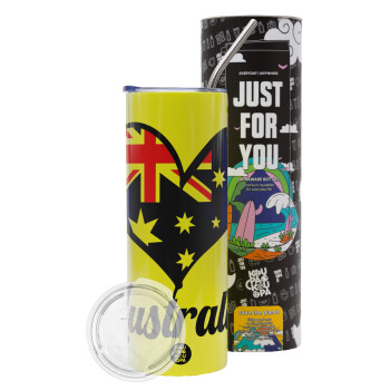 Australia flag, Neon Yellow Travel Tumbler θερμό, μεταλλικό καλαμάκι(Ανωξείδωτο 304 Food grade, BPA free, 600ml)