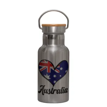 Australia flag, Stainless steel metallic thermos flask, silver with a bamboo lid, double-walled, 350ml.
