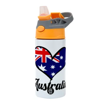 Australia flag, Children's hot water bottle, stainless steel, with safety straw, Orange/Grey (360ml) BPA-FREE