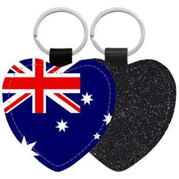 Australia flag, Μπρελόκ PU δερμάτινο glitter καρδιά ΜΑΥΡΟ