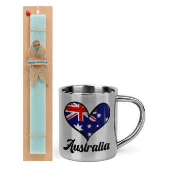 Australia flag, Easter Set, metallic thermal cup (300ml) & aromatic flat Easter candle (30cm) (TURQUOISE)