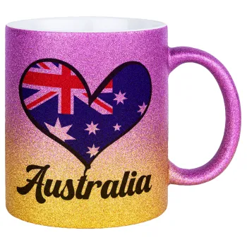 Australia flag, Κούπα Χρυσή/Ροζ Glitter, κεραμική, 330ml
