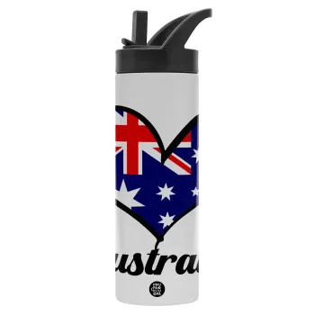 Australia flag, Μεταλλικό παγούρι θερμός με καλαμάκι & χειρολαβή, ανοξείδωτο ατσάλι (Stainless steel 304), διπλού τοιχώματος, 600ml