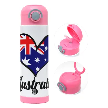 Australia flag, Παιδικό παγούρι θερμό, ανοξείδωτο, με καλαμάκι ασφαλείας, ΡΟΖ (500ml)