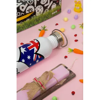 Australia flag, Πασχαλινή Λαμπάδα με παγούρι μεταλλικό (620ml, stainless steel) & κερί αρωματικό πλακέ (30cm) (ΡΟΖ)