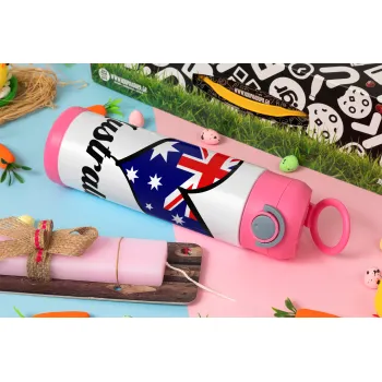 Australia flag, Easter candle, Childrens hot water bottle, stainless steel, with safety straw, PINK (500ml)