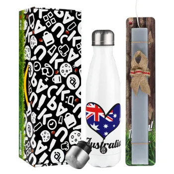 Australia flag, Easter candle, metallic white thermos bottle (500ml) & aromatic flat candle (30cm) (GRAY)