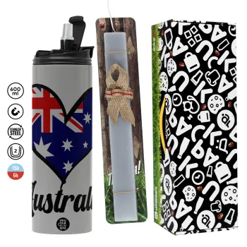 Australia flag, Πασχαλινή Λαμπάδα με Travel Tumbler θερμό (600ml, BPA free) & κερί αρωματικό πλακέ (30cm) (ΓΚΡΙ)