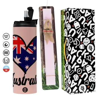 Australia flag, Πασχαλινή Λαμπάδα με  ΡΟΖ Travel Tumbler θερμό (600ml, BPA free) & κερί αρωματικό πλακέ (30cm) (ΡΟΖ)