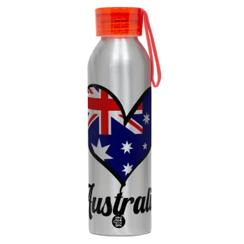 Australia flag, Αλουμινένιο Αθλητικό Μπουκάλι 650ml – Ασημί με Κόκκινο Καπάκι και Λουράκι Σιλικόνης