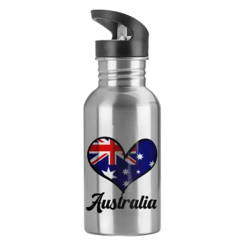 Australia flag, Water bottle Silver with straw, stainless steel 600ml