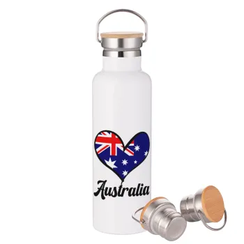 Australia flag, Μεταλλικό παγούρι θερμός (Stainless steel) Λευκό με ξύλινο καπάκι (bamboo), διπλού τοιχώματος, 750ml