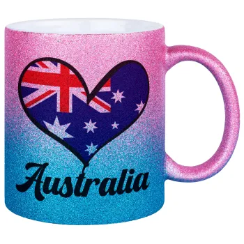 Australia flag, Κούπα Χρυσή/Μπλε Glitter, κεραμική, 330ml