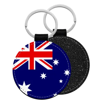 Australia flag, Μπρελόκ Δερματίνη, στρογγυλό ΜΑΥΡΟ (5cm)