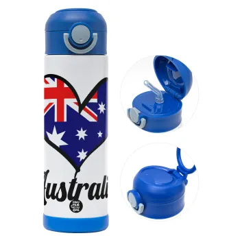 Australia flag, Children's hot water bottle, stainless steel, with safety straw, BLUE (500ml)