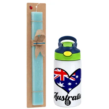 Australia flag, Easter Set, Children's thermal stainless steel bottle with safety straw, green/blue (350ml) & aromatic flat Easter candle (30cm) (TURQUOISE)