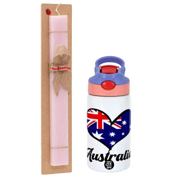Australia flag, Πασχαλινή Λαμπάδα με Παιδικό παγούρι θερμό, ανοξείδωτο, με καλαμάκι ασφαλείας, ροζ/μωβ (350ml) & κερί αρωματικό πλακέ (30cm) (ΡΟΖ)