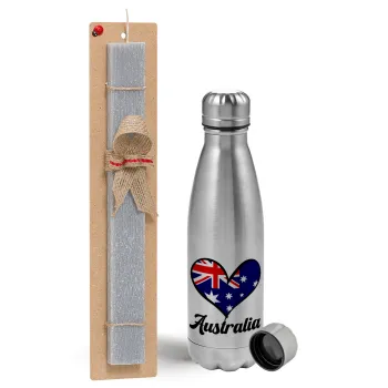 Australia flag, Easter Set, metallic Inox water bottle (750ml) & aromatic flat Easter candle (30cm) (GRAY)
