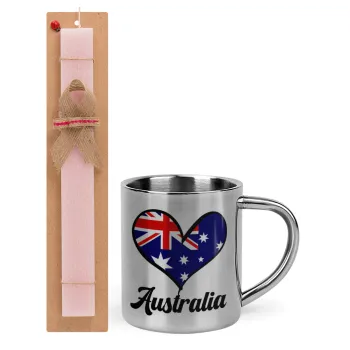 Australia flag, Πασχαλινή Λαμπάδα με μεταλλική κούπα θερμό (300ml) & κερί αρωματικό πλακέ (30cm) (ΡΟΖ)