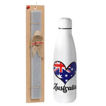 Australia flag, Easter Set, metallic stainless thermos bottle (500ml) & scented flat Easter candle (30cm) (GRAY)