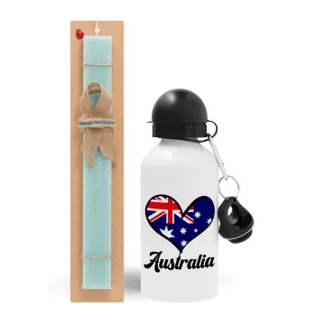 Australia flag, Easter Set, metallic aluminum water bottle (500ml) & scented flat candle (30cm) (TURQUOISE)