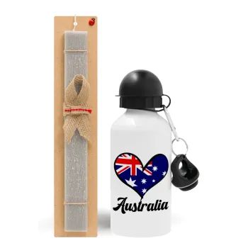 Australia flag, Easter Set, metallic aluminum water bottle (500ml) & aromatic flat Easter candle (30cm) (GRAY)