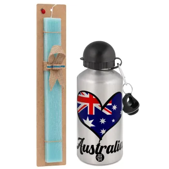 Australia flag, Easter Set, metallic silver aluminum water bottle (500ml) & scented flat Easter candle (30cm) (TURQUOISE)