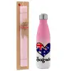 Easter Set, Metallic pink/white (Stainless steel) thermos, double-walled, 500ml & aromatic flat Easter candle (30cm) (PINK)
