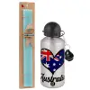Easter Set, metallic silver aluminum water bottle (500ml) & scented flat Easter candle (30cm) (TURQUOISE)