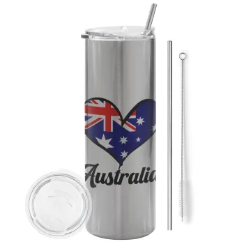 Australia flag, Tumbler ποτήρι θερμό Ασημένιο από ανοξείδωτο ατσάλι 600ml, με μεταλλικό καλαμάκι & βούρτσα καθαρισμού