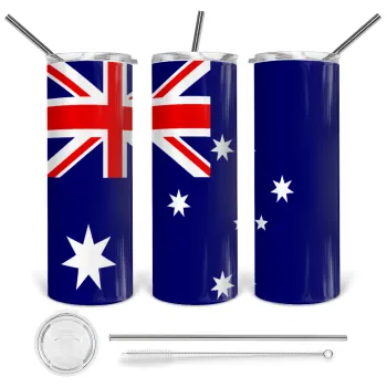 Australia flag, Tumbler ποτήρι θερμό από ανοξείδωτο ατσάλι 600ml, με μεταλλικό καλαμάκι & βούρτσα καθαρισμού