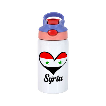 Syria flag, Children's hot water bottle, stainless steel, with safety straw, pink/purple (350ml)