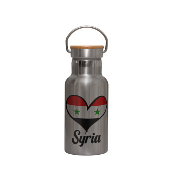 Syria flag, Μεταλλικό παγούρι θερμός (Stainless steel) Ασημένιο με ξύλινο καπακι (bamboo), διπλού τοιχώματος, 350ml