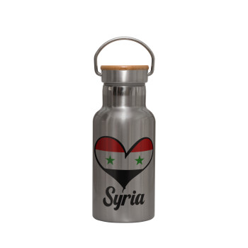 Syria flag, Stainless steel metallic thermos flask, silver with a bamboo lid, double-walled, 350ml.