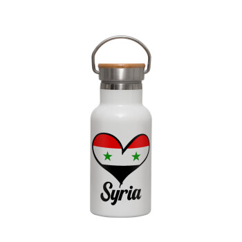 Syria flag, Μεταλλικό παγούρι θερμός (Stainless steel) Λευκό με ξύλινο καπακι (bamboo), διπλού τοιχώματος, 350ml