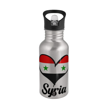 Syria flag, Water bottle Silver with straw, stainless steel 500ml