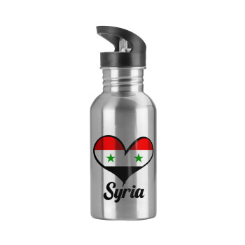 Syria flag, Water bottle Silver with straw, stainless steel 600ml
