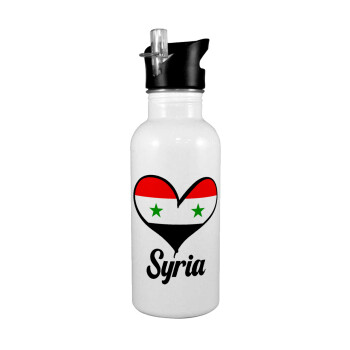 Syria flag, White water bottle with straw, stainless steel 600ml