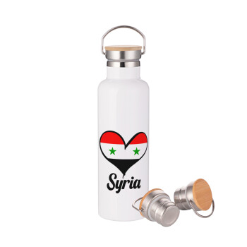 Syria flag, Μεταλλικό παγούρι θερμός (Stainless steel) Λευκό με ξύλινο καπάκι (bamboo), διπλού τοιχώματος, 750ml