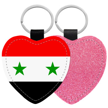 Syria flag, Μπρελόκ PU δερμάτινο glitter καρδιά ΡΟΖ