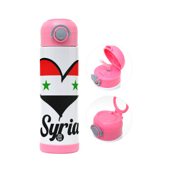 Syria flag, Children's hot water bottle, stainless steel, with safety straw, PINK (500ml)