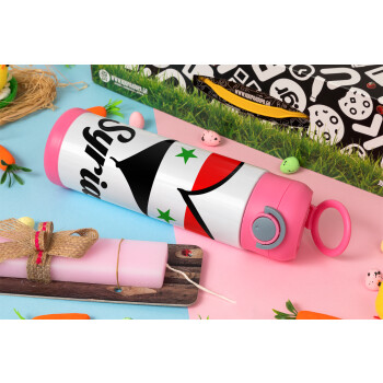 Syria flag, Πασχαλινή Λαμπάδα με Παιδικό παγούρι θερμό, ανοξείδωτο, με καλαμάκι ασφαλείας, ΡΟΖ (500ml)