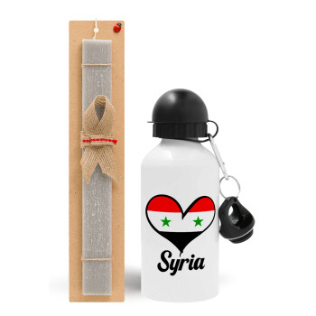 Syria flag, Easter Set, metallic aluminum water bottle (500ml) & aromatic flat Easter candle (30cm) (GRAY)