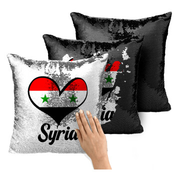 Syria flag, Μαξιλάρι καναπέ Μαγικό Μαύρο με πούλιες 40x40cm περιέχεται το γέμισμα