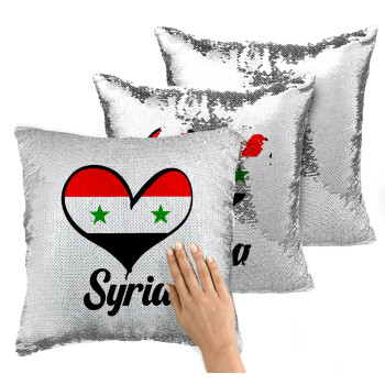 Syria flag, Μαξιλάρι καναπέ Μαγικό Ασημένιο με πούλιες 40x40cm περιέχεται το γέμισμα
