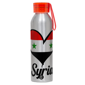 Syria flag, Aluminum Sports Bottle 650ml – Silver with Red Cap and Silicone Strap