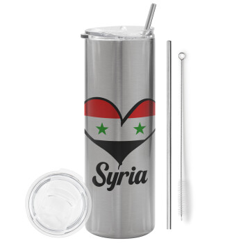 Syria flag, Eco friendly ποτήρι θερμό Ασημένιο (tumbler) από ανοξείδωτο ατσάλι 600ml, με μεταλλικό καλαμάκι & βούρτσα καθαρισμού
