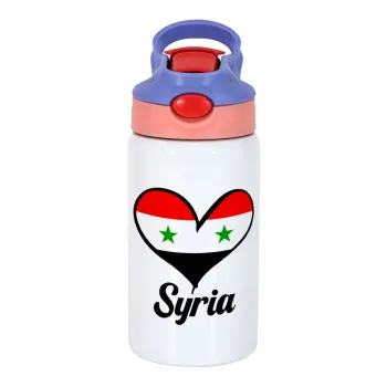 Syria flag, Children's hot water bottle, stainless steel, with safety straw, pink/purple (350ml)